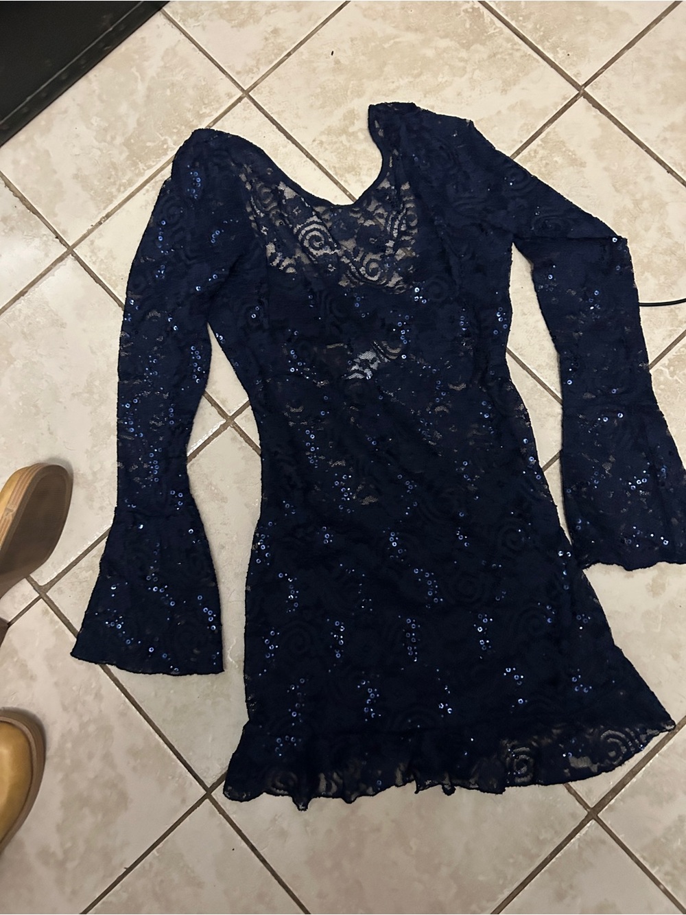Navy Lace Sequin Long-Sleeve Dress